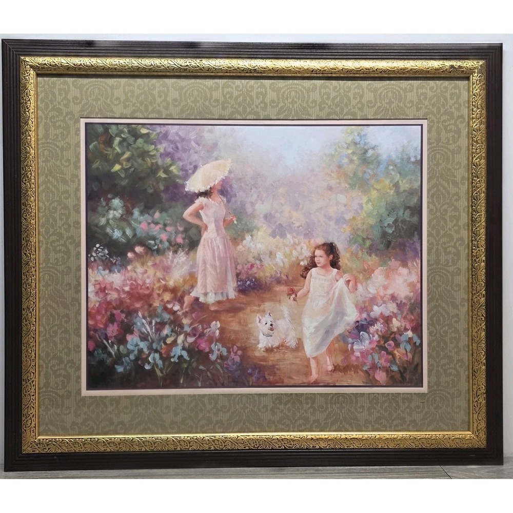 Vintage Picture Of Woman, Child, Dog -‎ Framed And Matted- 27" X 23" - Beautiful